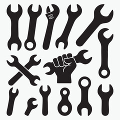Vector Illustration Featuring a Collection of Black and White Wrench Icons Representing Tools Repair Maintenance Construction and Mechanical Work Perfect for Various Design Applications