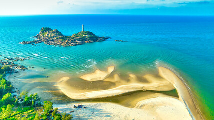 Aerial view of sea Mui Ne, Vietnam see the whole bay of Ke Ga from north to south shore very large with sea waves, ships, reefs, ancient lighthouse is tourism potential Status of Vietnam.