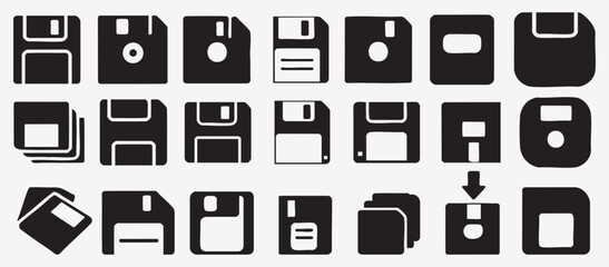 Collection of Vintage Floppy Disk Icons Vector Illustration Set for Retro Technology and Data Storage Concepts Featuring Black and White Designs with Various Styles