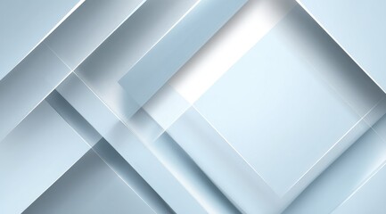 Abstract light blue geometric shapes overlap, creating depth and shadow, on a white background