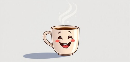 A cheerful cartoon coffee cup steaming merrily,  brown,  mug