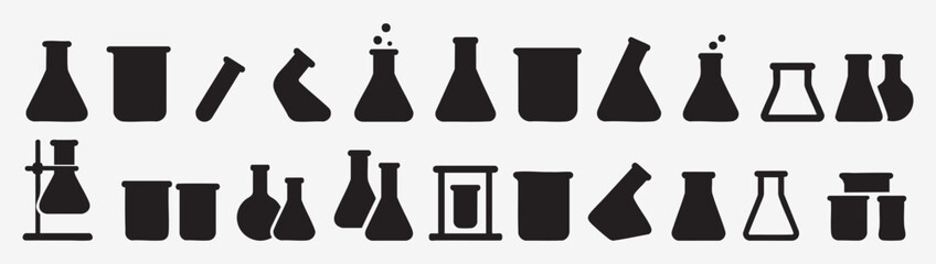 Black and White Science Lab Equipment Vector Illustration Chemical Beakers and Flasks Outline Elements for Medical Research and Scientific Experimentation Stock Vector