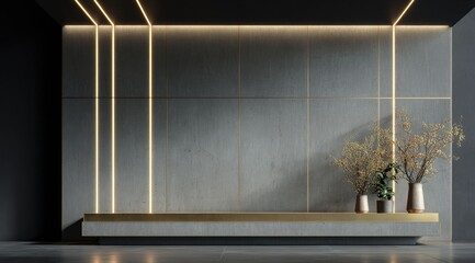 Modern minimalist interior with a grey concrete wall, gold accents, recessed lighting, and minimalist vases holding dried yellow flowers on a low shelf