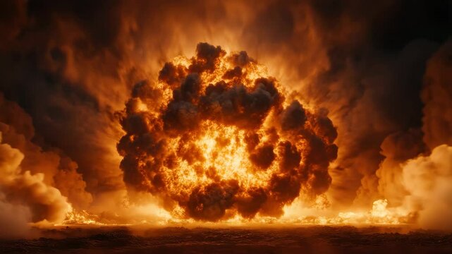 Explosive fireball with intense orange flames, thick black smoke, and dramatic combustion creating powerful destruction and massive fiery explosion scene