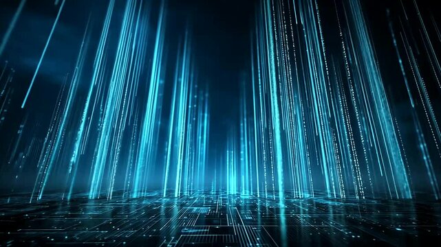 Abstract blue digital landscape with streaming light formations, grid-like ground, and vertical coding strings against a dark background