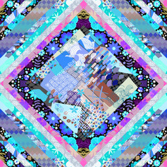 Abstract patchwork pattern in blue, purple, gray and pink tones. Seamless delicate print for fabric in boho style. Beautiful design for tablecloth, napkin, pillow, scarf.
