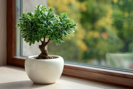A small, vibrant green bonsai tree in a simple white pot sits on a windowsill, overlooking a blurred, sunlit outdoor scene