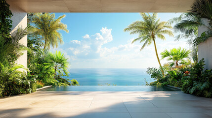 Stunning rooftop view overlooking a clear blue ocean under a bright sky. Ocean-themed podium in the foreground. Tranquil, modern, and minimalistic setting perfect for product display or branding.


