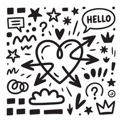 Arrow line hand drawn brush sketch element set. Grunge square, heart, arrow element scribble line brush hand drawn sketch design. Vector illustration