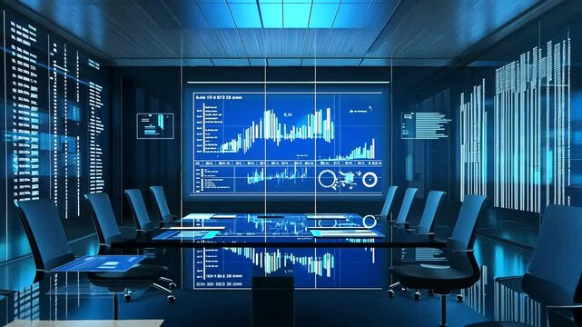 A futuristic, high-tech meeting room with luminous data displays, reflective surfaces, and comfortable chairs arranged around a table