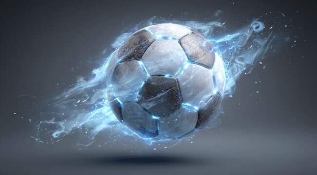 A worn soccer ball, seemingly engulfed in ethereal, icy blue flames, floats against a muted grey backdrop.  The image suggests motion and intense energy