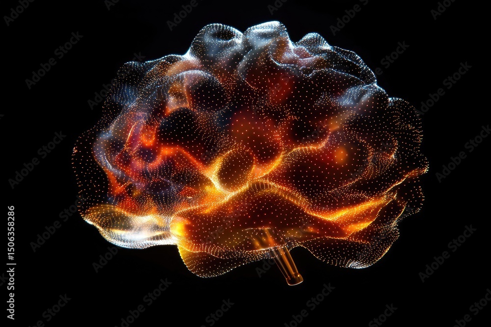 Poster abstract representation of a brain, depicted as a network of glowing points and fiery textures. a dy