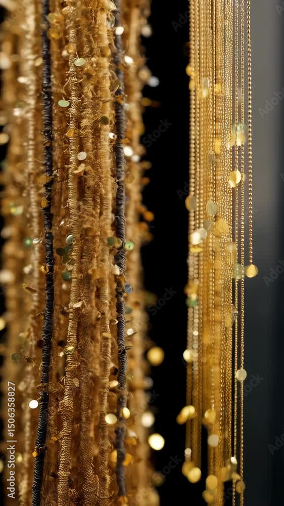 Poster abstract golden strands with dangling sequins and beads against a black backdrop creating shimmering