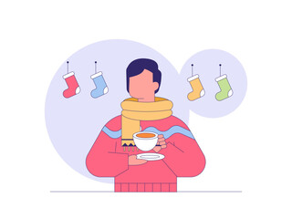 Man celebrate Christmas by drinking tea. Tea illustration. Flat outline vector illustration concept