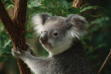 Fototapeta premium a koala bear is standing on a tree branch