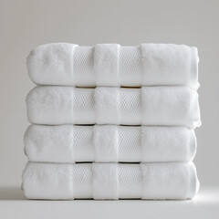 A stack of freshly folded white soft towels.
