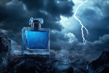 Blue perfume bottle on rocks, dramatic storm background