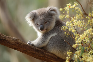 Naklejka premium a koala bear sitting on a branch with flowers