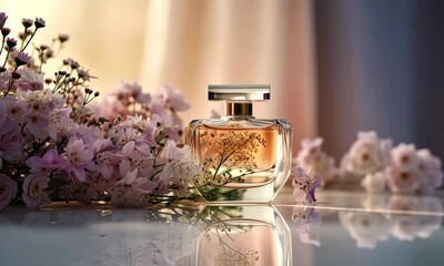 Romantic perfume bottle with delicate lilac flowers on glossy surface in cinematic soft light, luxury beauty branding