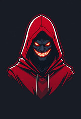 A sinister man wearing a red hood, his glowing eyes piercing through the darkness, radiating malevolence.