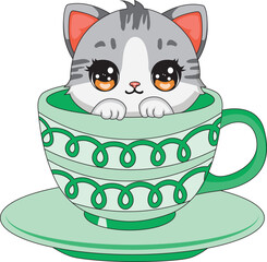 Cute Cat Sitting In A Teacup Vector Kitten Cafe Mascot