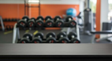 Black tabletop with space for display and blurred gym interior in background – Metal dumbbells and fitness lifestyle theme