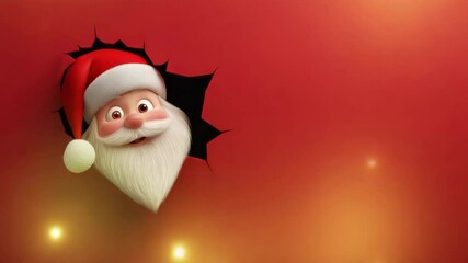 Cheerful Santa with white beard and red hat peeking through torn paper on warm red background, festive holiday celebration with glowing lights in winter atmosphere - Powered by Adobe