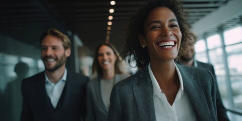 Obraz premium Happy Business Professionals Walking Together in Modern Office Hallway