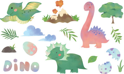 Watercolor Cute Dinosaurs Clipart Set – Prehistoric Cartoon Elements. Whimsical watercolor dinosaur illustrations and nature elements, perfect for DIY projects, party decor, card making, and stickers 