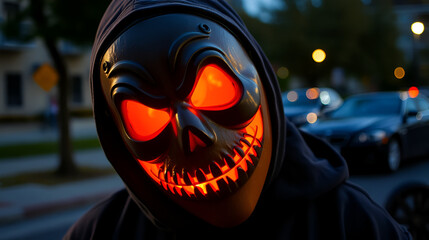 Purge mask, halloween with pumpkin. LED mask, creepy scary man. Corona, Funny, October, outside. Urban scene car