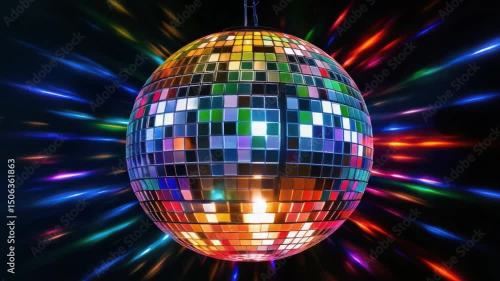 Poster disco ball sparkle: a vibrant disco ball reflects a dazzling array of multicolored lights, creating 