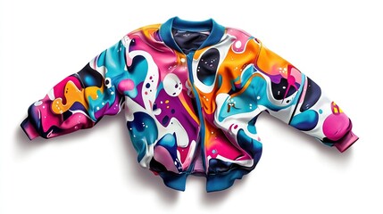Vibrant, graffiti-style bomber jacket, laid flat, colorful, and bold