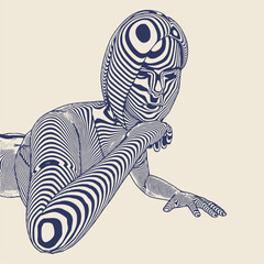 Lying woman illustration represented in stripes. Young woman silhouette