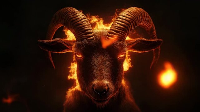 Fiery goat head with glowing eyes and large curved horns surrounded by intense flames in dark background, creating powerful mythical animal fantasy with fierce fire and flame horns