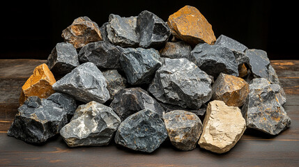 A clustered pile of rocks and gravel with rare minerals rests on a wooden surface—symbolizing raw earth, geological beauty, natural strength, and the grounding essence of elemental matter.
