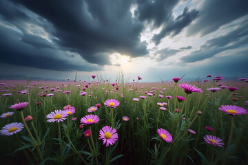 Obraz premium Dramatic landscape featuring fields of asters, September birth flower under a stormy september sky with sunlight bursting through the clouds