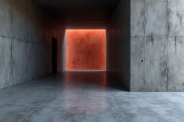 Obraz premium Concrete Corridor with Striking Orange Accent Wall - Modern Architecture Interior Design