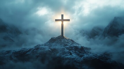 A cinematic shot of a large crucifix on a snow-capped mountain, clouds swirling, shafts of golden light breaking through storm, divine atmosphere. Vast landscape, icy textures. Cool white tones,