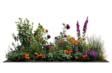Colorful garden arrangement featuring various flowers and plants with purple, orange, and red...
