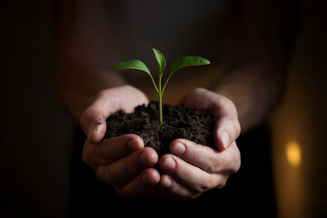A close-up photograph of hands cradling a small green seedling with soil in a dark setting.