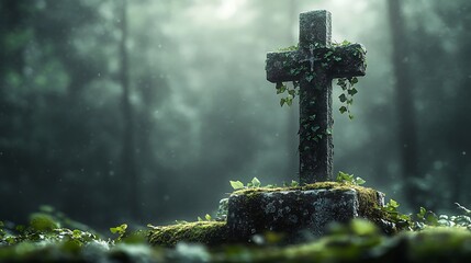 A digital artwork showing a vintage crucifix on moss-covered stone, ivy weaving around the cross, dew on leaves, soft morning mist. Forest edge in background, blurred trees, ethereal glow.