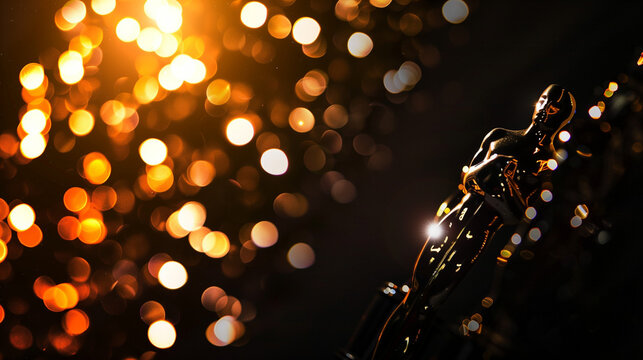 Close-up of a golden film award trophy on dark velvet background with soft spotlight illumination, engraved details, symbolizing achievement, recognition, and prestige in the entertainment industry.