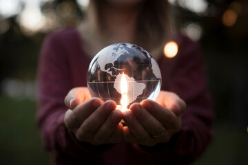 Fototapeta premium A close-up photograph of hands cradling a crystal globe in the palms. The globe is made of clear glass with a world map etched into its surface