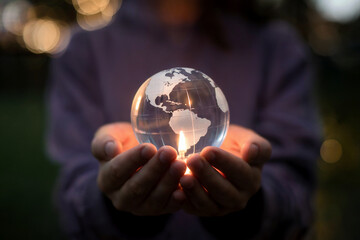 Fototapeta premium A close-up photograph of hands cradling a crystal globe in the palms. The globe is made of clear glass with etched continents visible, particularly showing the Americas and parts of Africa.