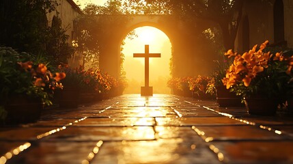 A hyperrealistic 3D render of a crucifix silhouette against golden sunrise, courtyard tiles wet with dew, long shadows stretching, glow on nearby flowers. Background of arched colonnade.