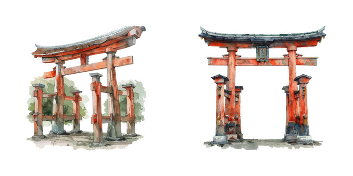 japanese torii gate watercolor vector illustration