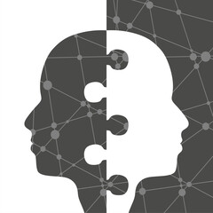 Social media network. Jig saw shaped head silhouettes. Overlay heads. Digital, interactive and global communication concept. Connected people