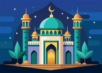 colorful vector illustration of a mosque for Eid al-Adha Mubarak and Ramadan Kareem on a clean white background.