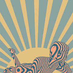 Lying woman illustration represented in stripes. Young woman silhouette against sunrise