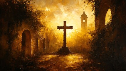 A painting of a crucifix silhouette against a brilliant golden sunrise, church courtyard with ivy-covered walls, delicate rays of light streaming through. Background of archways and bell tower.